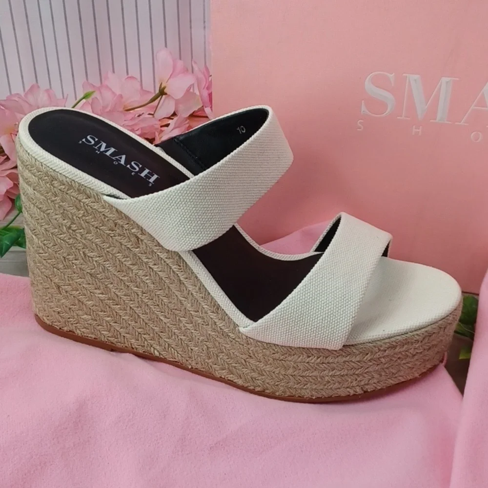 SMASH Shoes Women's Luna Two-Strap Slide Espadrille Wedge Sandals NIB